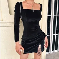 

Autumn Winter New Elegant Retro Dress Party High Waist Hip A Line Long Sleeve Black dress