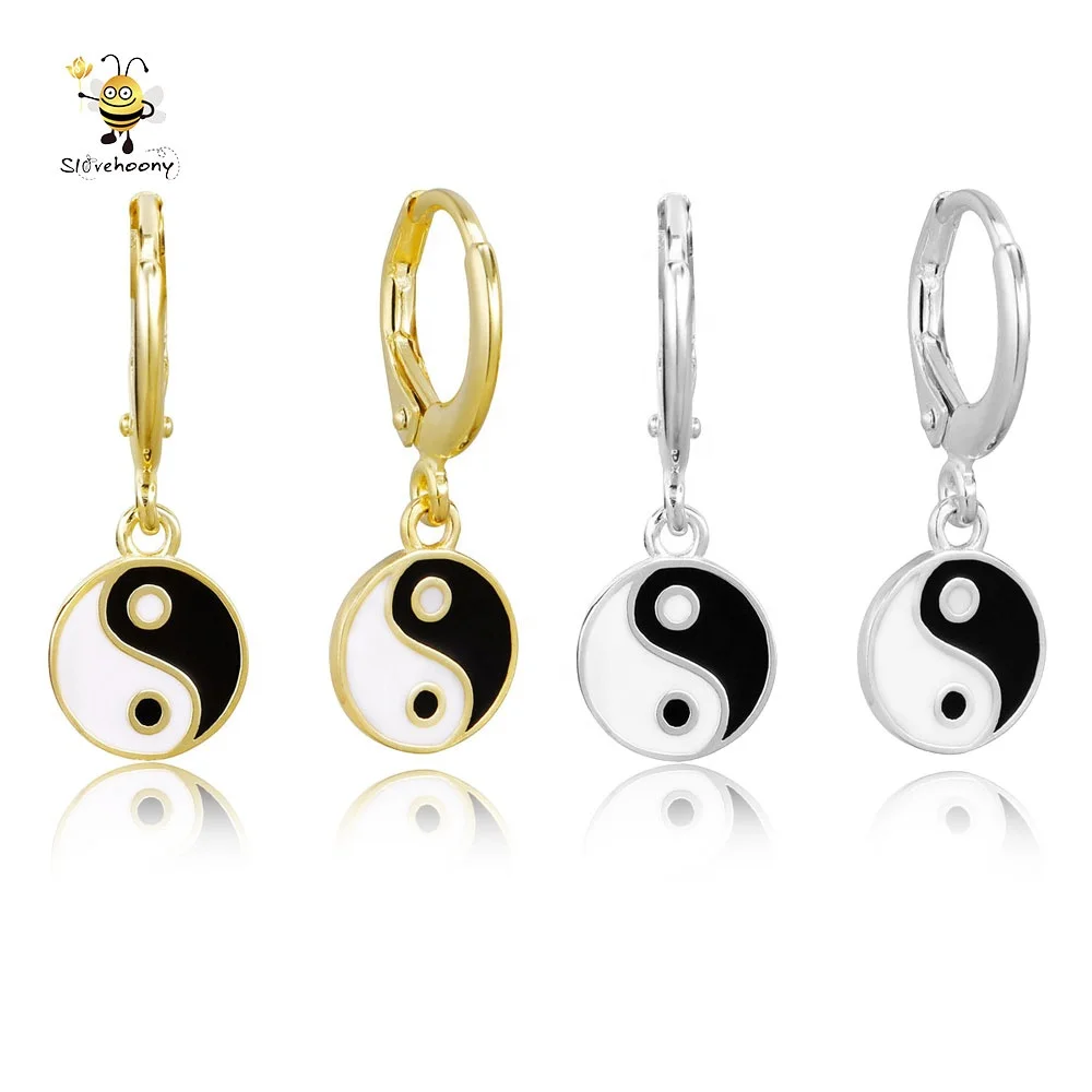 

Slovehoony Black & White Tai Chi Hoop Earrings Chinese Specialty Kung Fu Pendant Huggie Earrings For Women Jewelry Cool Girls, Silver/ gold