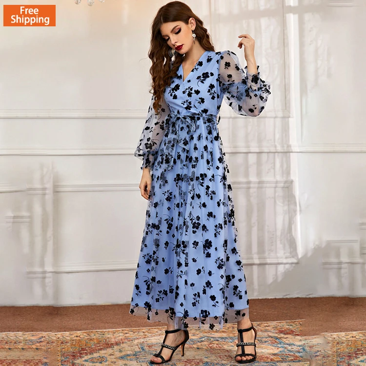 

Free Shipping V Neck Long Sleeved High Waisted discount dress Long Printed Elegant Lace Dress Women