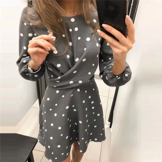 

2021 spring and summer new loose round neck long sleeve polka dot waist dress, Picture color