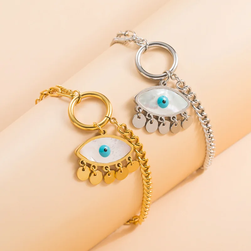

2022 Fashion Jewelry Stainless Steel Shell Evil Eyes Charm Bracelet Gold Plating Blue Eyes Tassel Bracelet