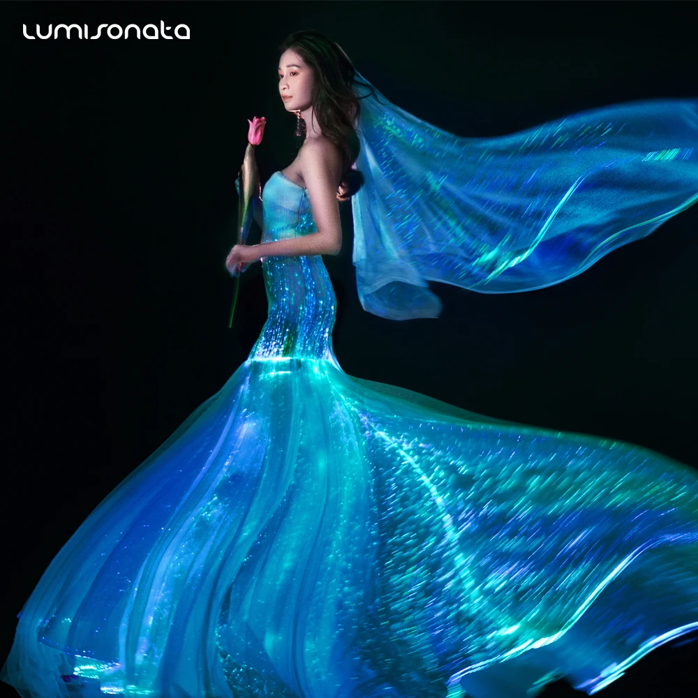 

Affordable high quality special luminous LED Dress fiber optic fabric glow in the dark light up wedding dress