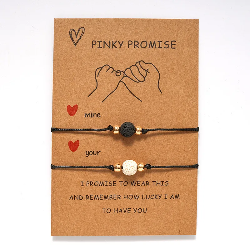 

Custom Logo Pinky Promise Couple Natural Lava Stone Beads Woven Bracelet Charms Friendship Wish Bracelet With Message Card, Custom color support