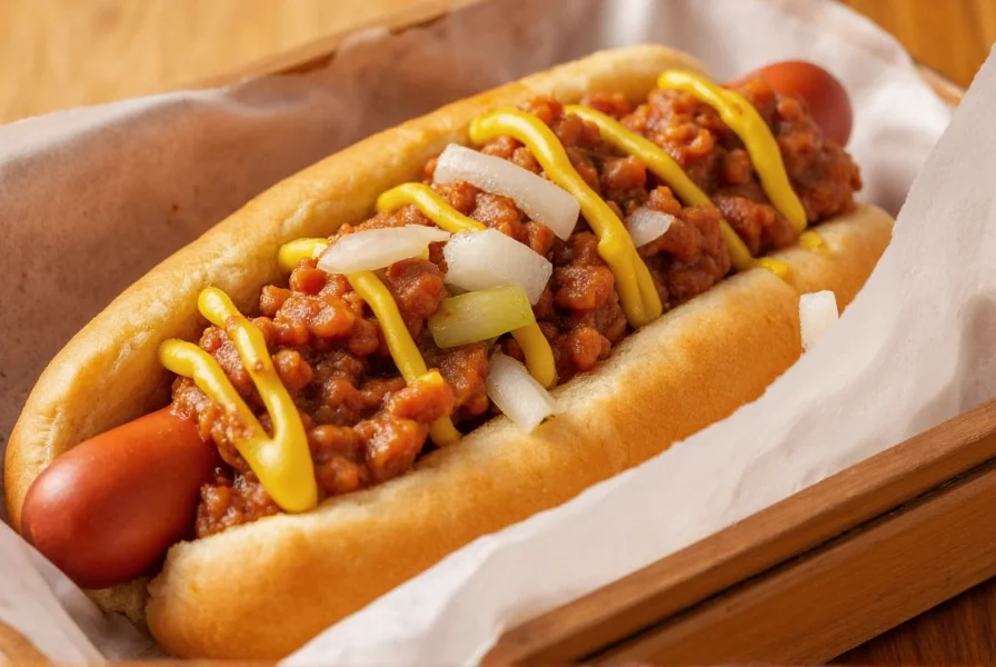 Close-up of authentic Detroit Coney Island hot dog with chili topping, mustard, and onions on a steamed bun