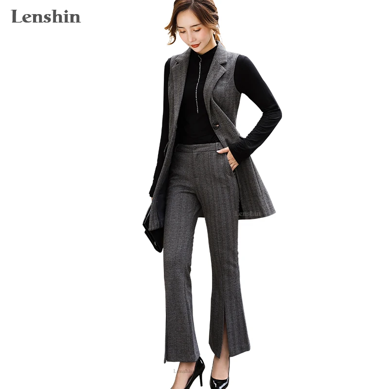 

Lenshin 2 Piece Set High-Quality Pant Suit Women Sleeveless Soft and comfortable Vest and Pant Office Lady Business Formal Wear, Dark gray stiped, light gray plaid