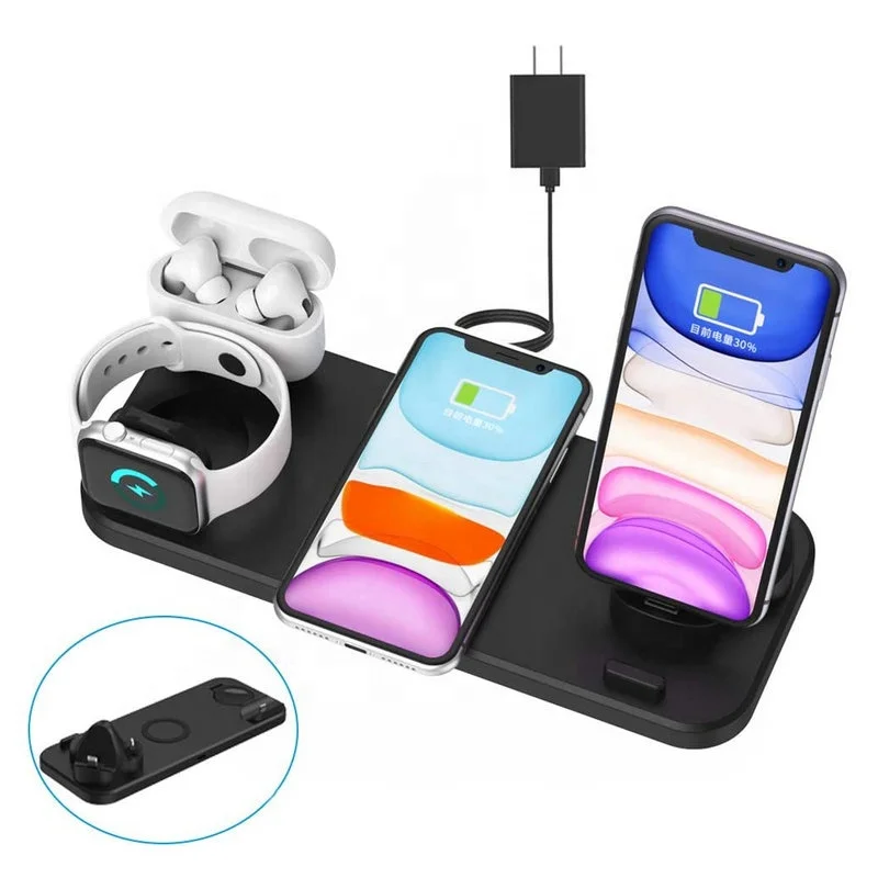 

2020 New Multifunctional QI 10W Fast Wireless Charger 6 In 1 Cordless charger Stand For Mobile Phone For Watch For Earbuds, White, black