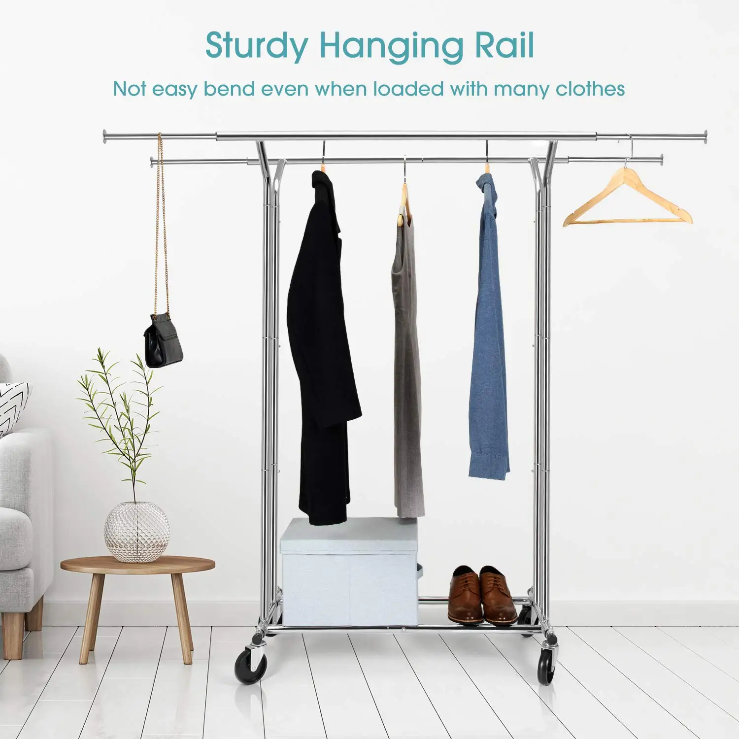 Heavy Duty Double Rod Adjustable Rolling Garment Rack Rolling Garment ...