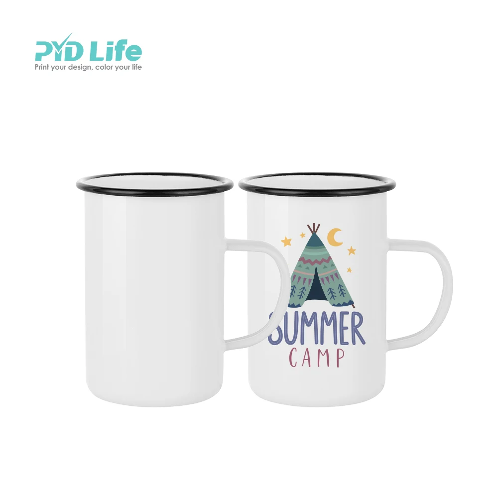 

PYD Life Newest 15oz 450ml White Sublimation Tall Skinny Metal Steel Camping Enamel Mug with Black Rim