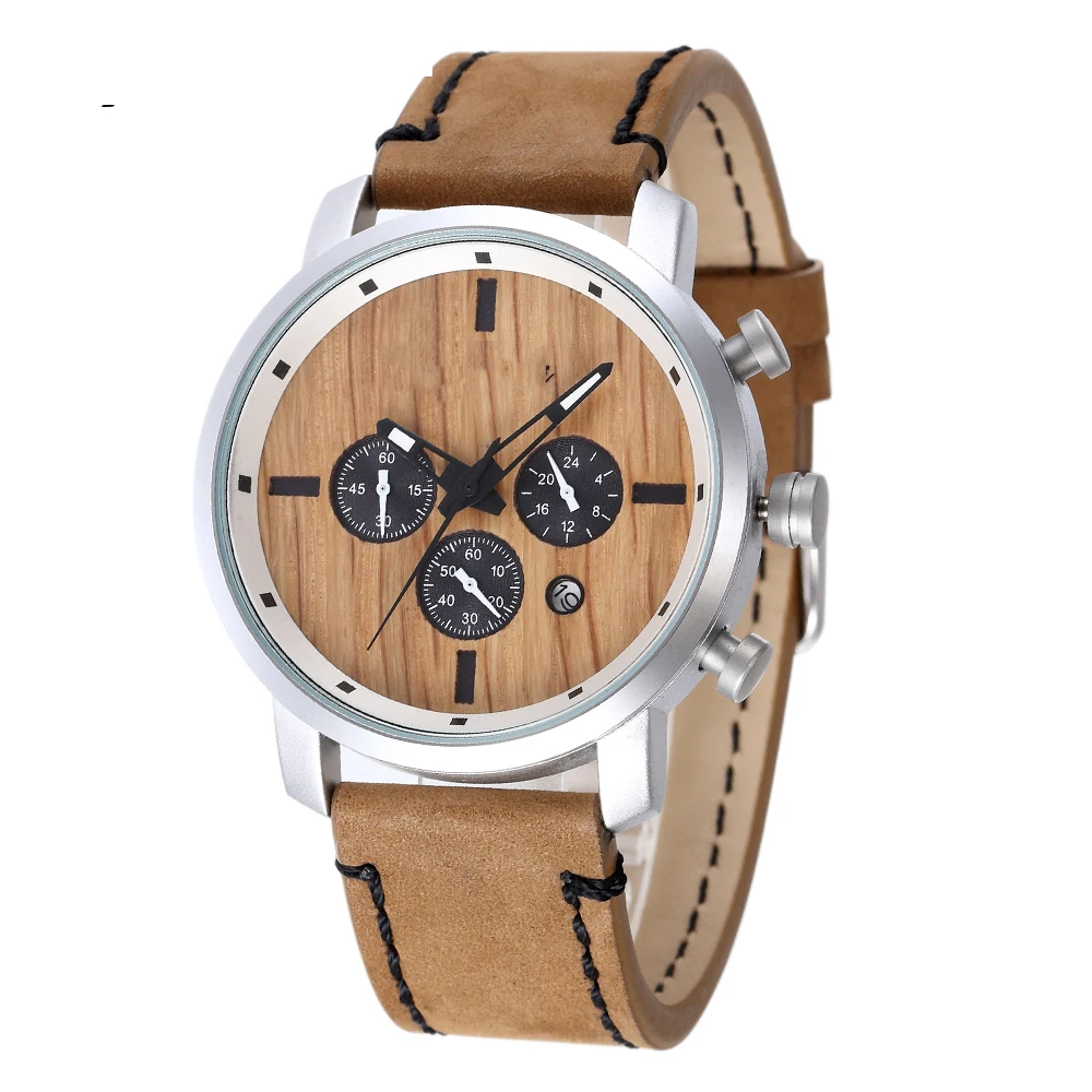 

Genuine Leather Strap Wood Dial Wrist Watches For Men 2020 New Arrival 6 Hands Chronograph Customized Minimalist Bracelet Watch