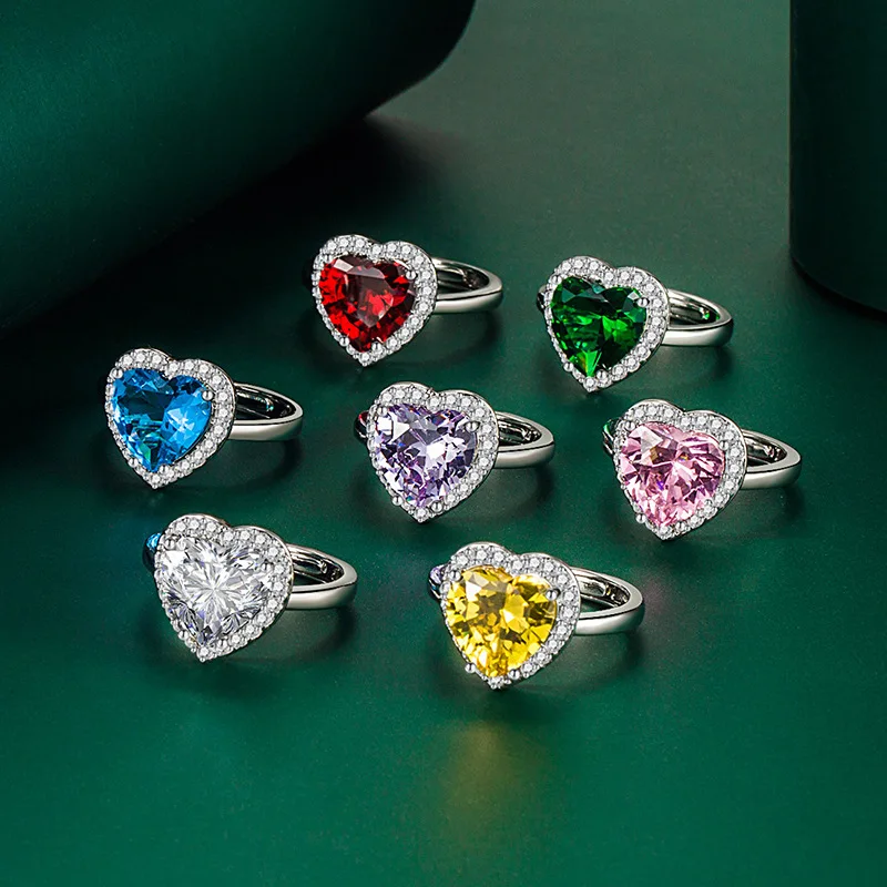 

Women Jewelry Colored CZ Ring 4 Carat Heart Cutting Iced Out Resizable Brass Ready To Ship Pink Diamond Adjustable Rings