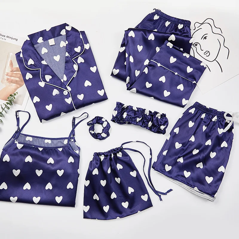 

Wholesale New Loungewear Lady Nightwear Nightgown Pijama Satin Pyjama Femmes Matching 7 Piece Silk Pajama Set Women'S Sleepwear