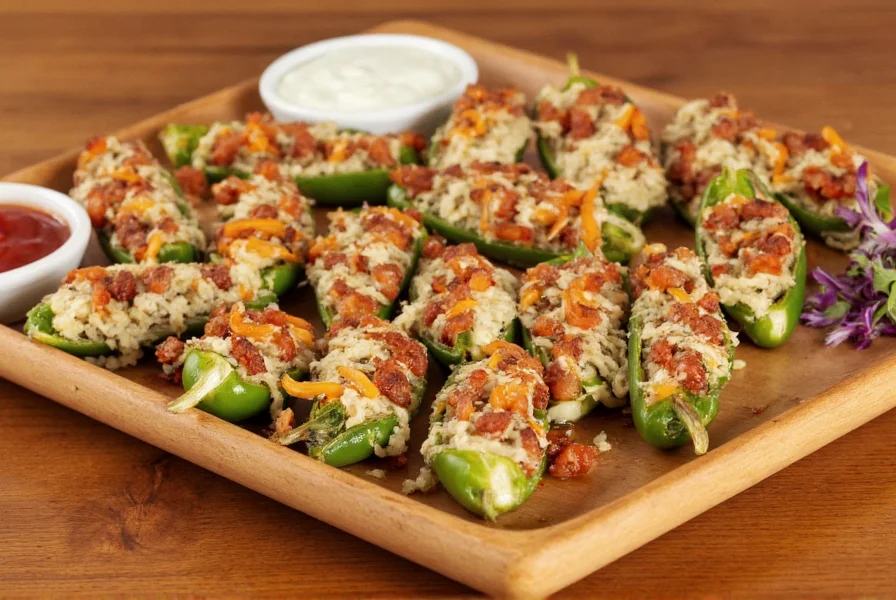 Finished stuffed jalapeno peppers served on a wooden platter with dipping sauces and garnishes
