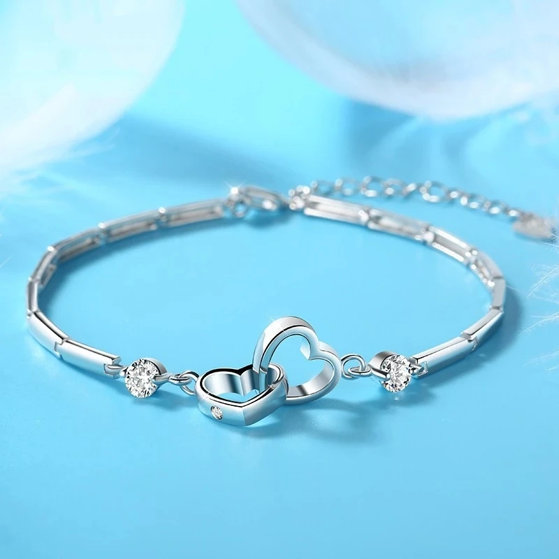 

Charms 925 sterling silver Bracelets Bangles for Women Valentine's Days Gift Cubic Zircon Double Heart Bracelet Jewelry, Picture