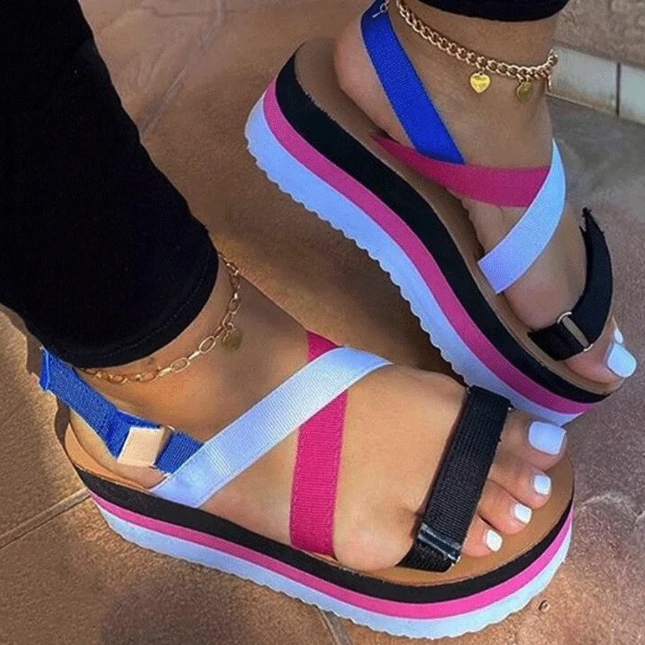 

wholesale women's sandals 2020 summer platform sandals beach slippers casual rainbow sandals for women and ladies flat, Color