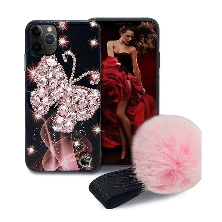 

XINGE Fashion Luxury Bling Diamond 3D Gemstone Butterfly Cell Phone Case With Plush Fur Ball For Iphone 11 Pro Max Xs Xr Fundas, Red,gray,pink