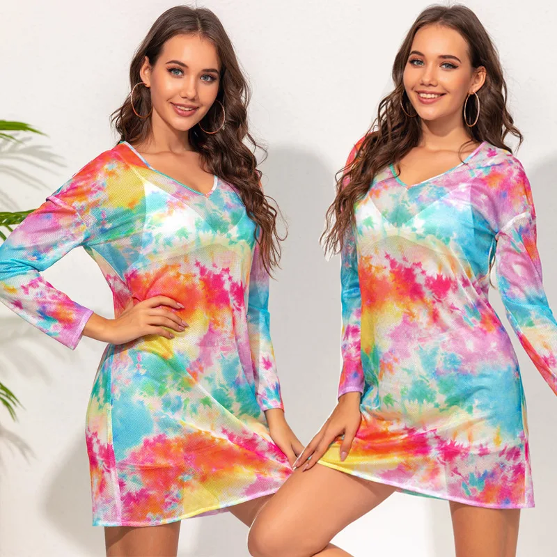 

WW-1033 V-neck Long-sleeve Perspective To Dye Color Dress Long Sleeve See Through Tie Dye Dress Night Sexy, Customized color