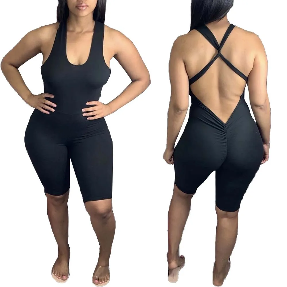 

B34941A 2020 Wholesale women back cross strapless short bandage jumpsuit