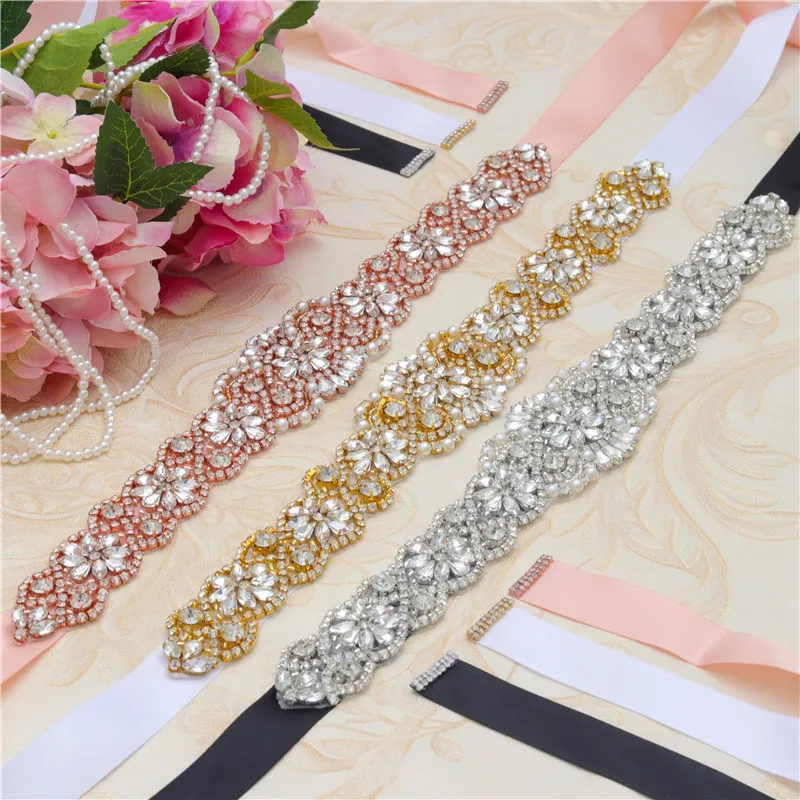 

Hot Sell Gold Clear Crystal Bridal Sash Rhinestone Applique Iron on Satin Ribbon Waist Belts for Wedding Formal Dress
