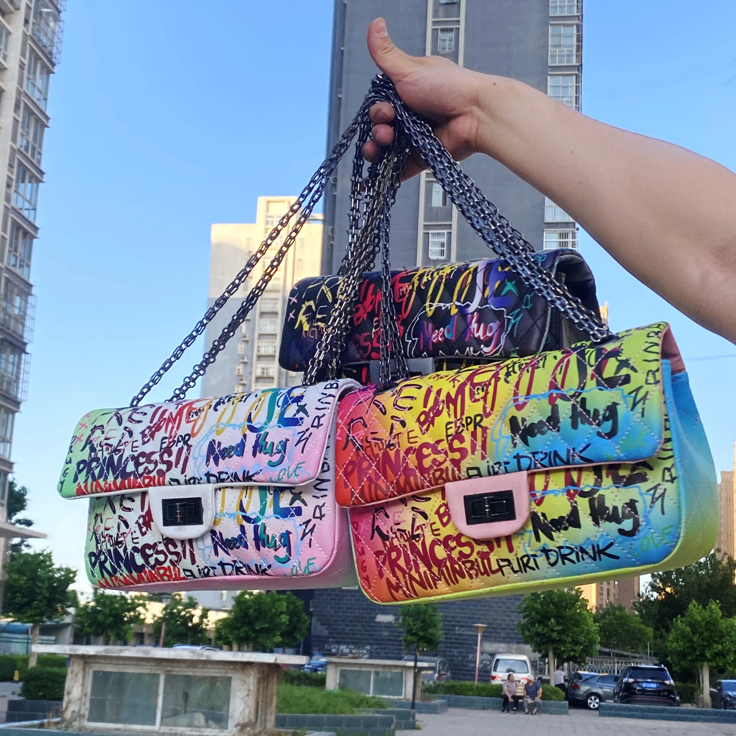 

Ins Hot Sale Colorful Art Printed Princess Pures Fashion Women Bag Graffiti Handbags, As picture graffiti handbag