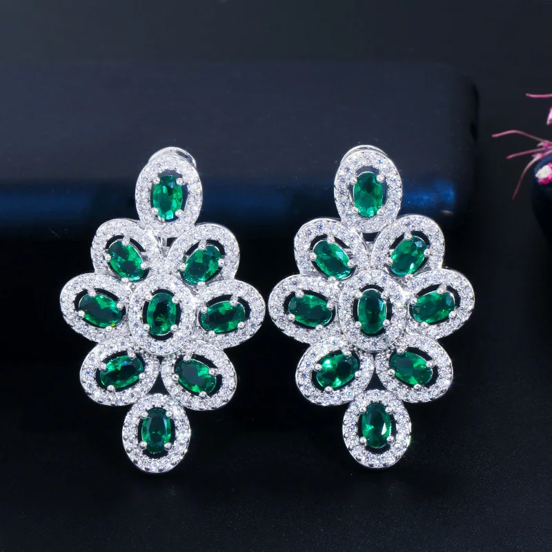 Fashion Luxury Green Cubic Zirconia Stone Flower Large Long Stud Earrings for Women Wedding Party Jewelry Accessories