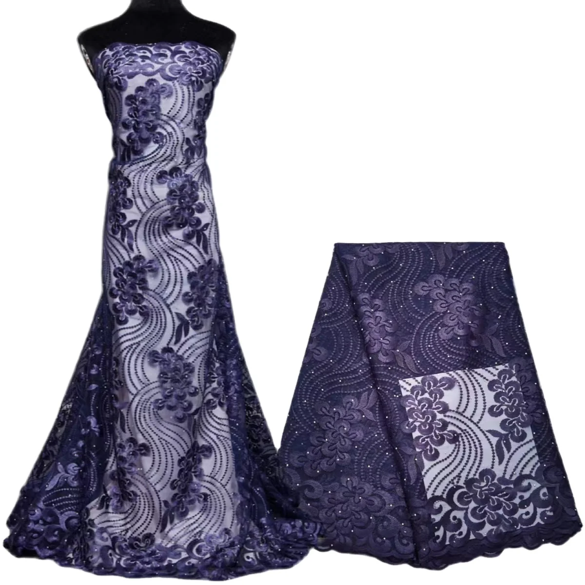 

2665 Latest French Lace Dark purple Fabric With bead Nigerian Embroidery Flower Tulle Net Lace Fabrics For Wedding Dress, Shown