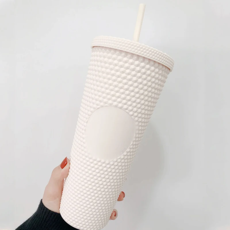 

24oz Cream White Studded Plastic Tumbler Cold Drinks Tumbler with Lid and Straw Matte Coffee Double Wall Cups Hot Sales