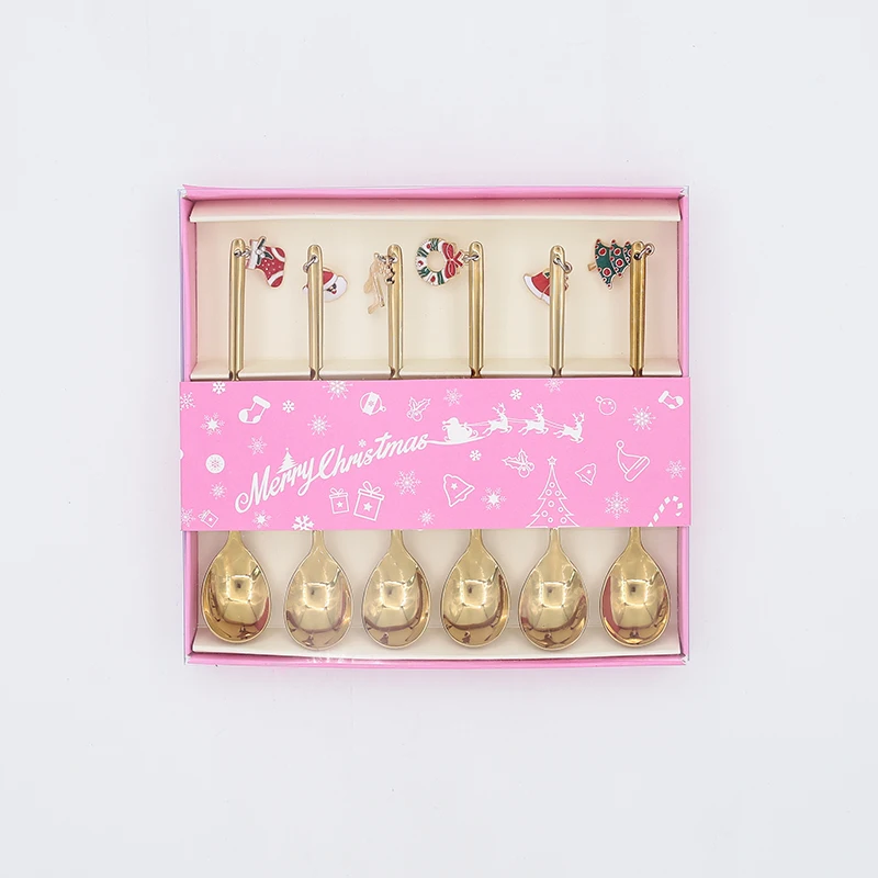 

Fancy Christmas Decoration Handle Stainless Steel 4pcs Tea Coffee Spoon Set With Gift Box, Silver/gold