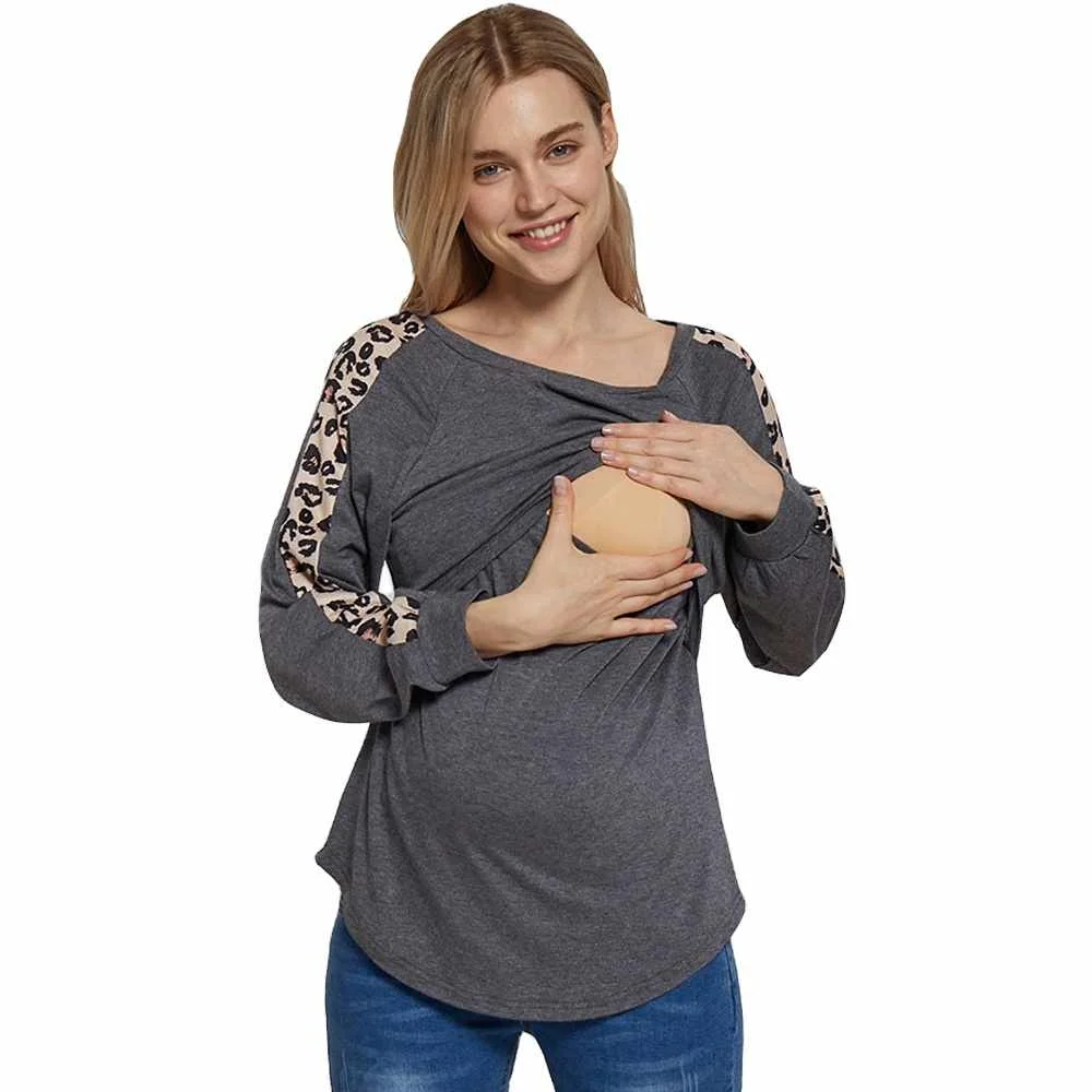 

Women's Fall Long Sleeve Crewneck Leopard Maternity Nursing Tops Breastfeeding Shirts Clothes