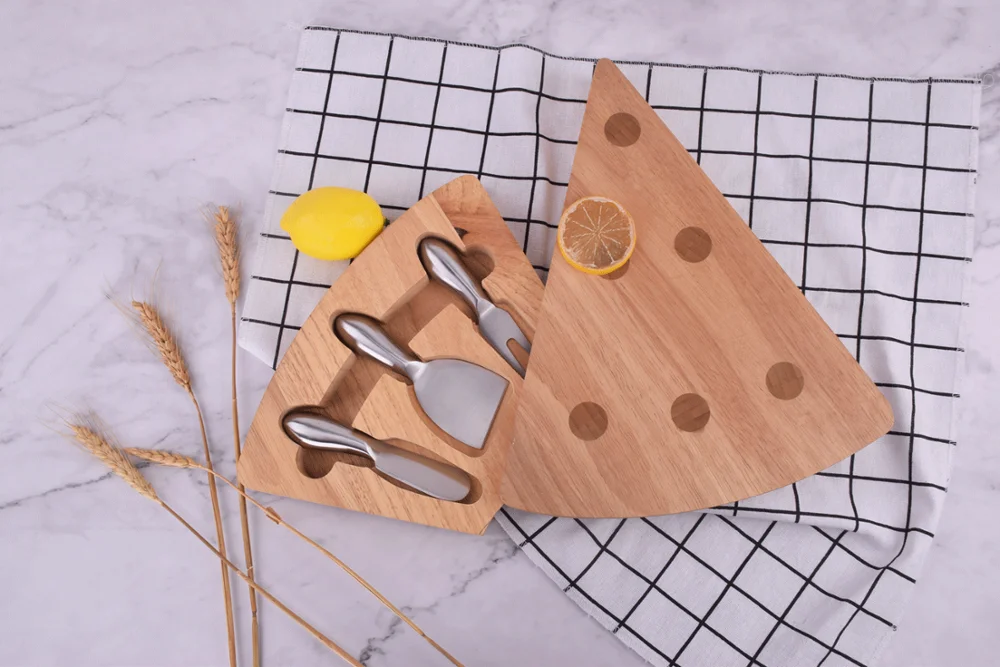 
Cheese Board 100% Natural Rubber wood With 3 Piece Cutlery Set Cheese Platter Hidden Cutlery Drawer 
