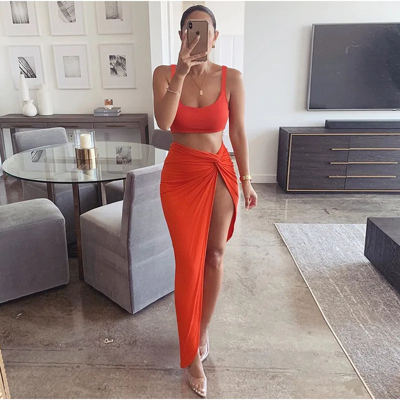 

Sexy Sling Vest Fashion Tracksuit Split Fork Long Dress Backless Outfits Irregular Splicing Two Piece Sets For Women, Shown