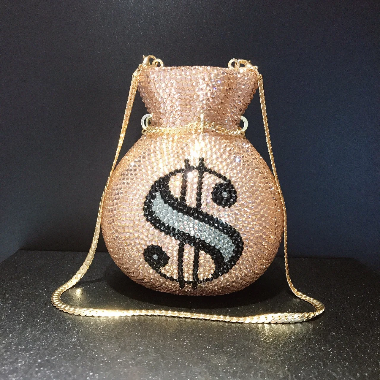 

Trendy USD money bling rhinestone clutch bag, Champagne