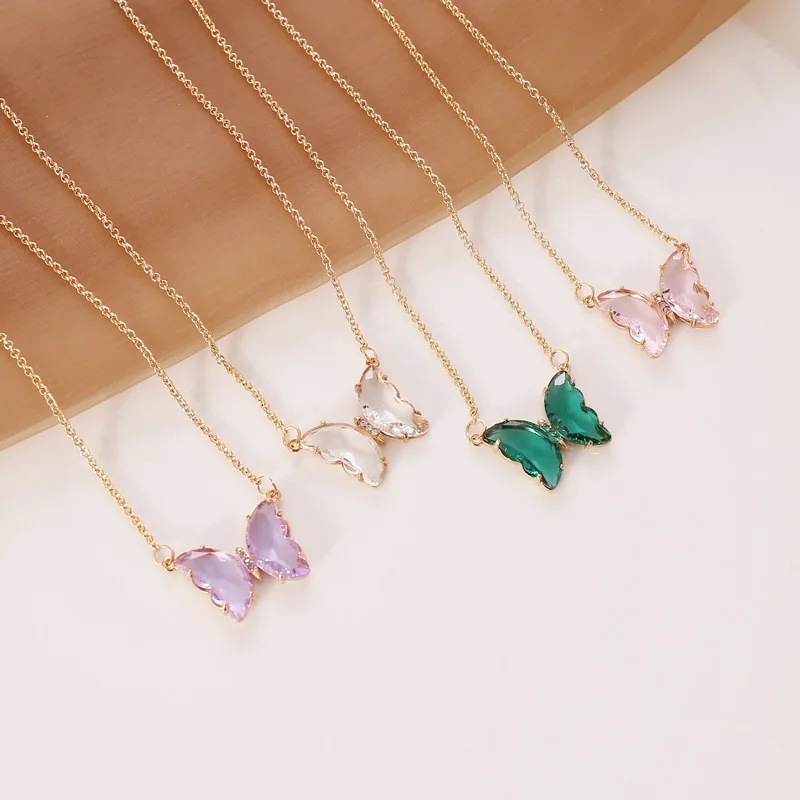 

Gold plated colorful glass pave crystal butterfly pendant necklace for women