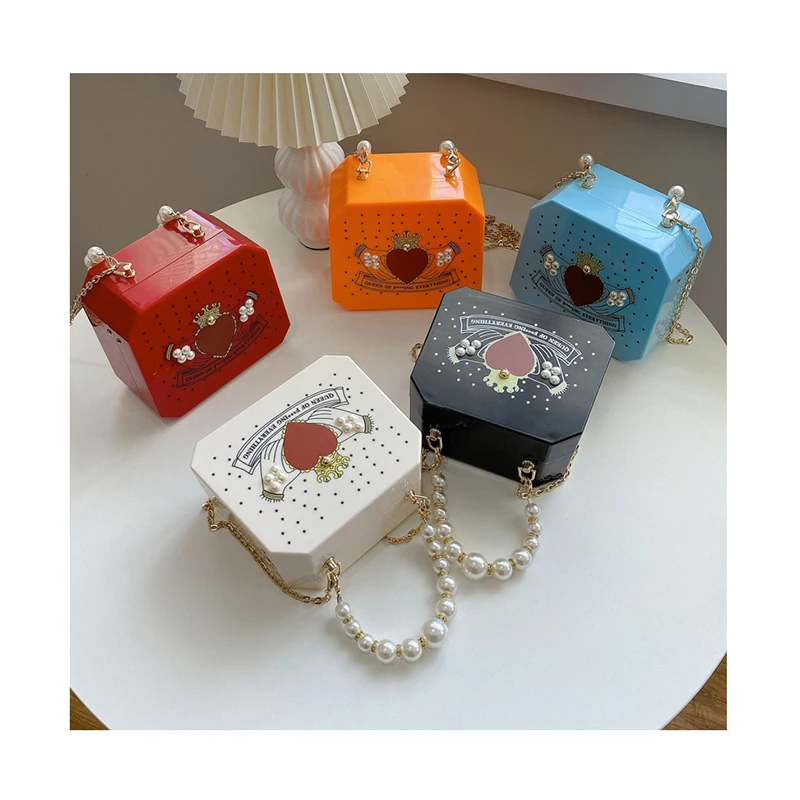 

Acrylic Box Evening Bag Women Luxury Retro Pearl Beads Clutch Purse INS Printed Crown Shoulder Bag Love Red Heart Fashion New