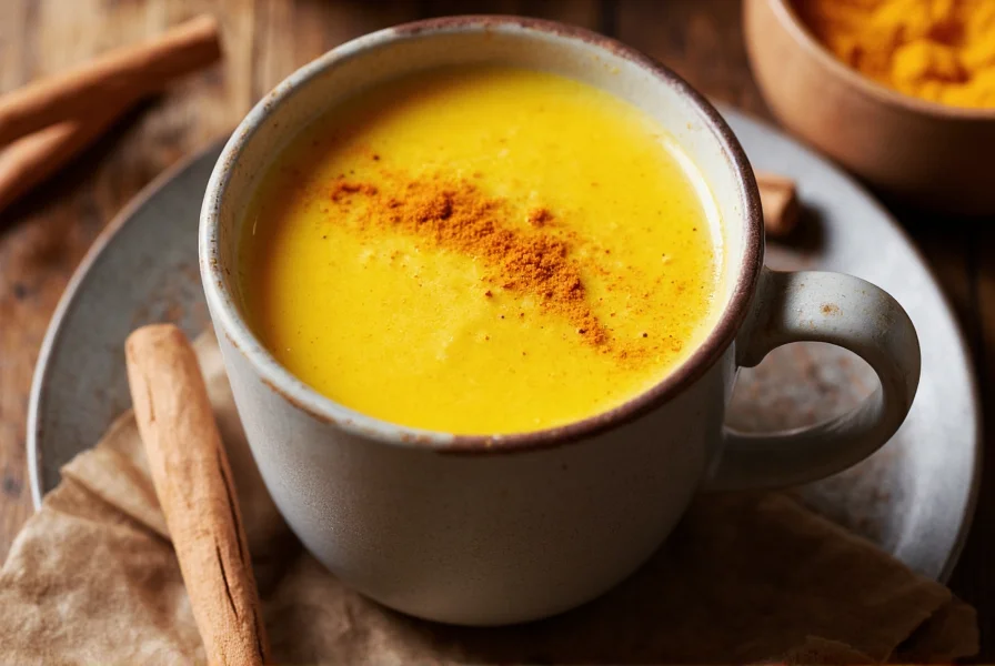 Golden milk recipe with turmeric, coconut milk, black pepper, and cinnamon in a mug showing ideal evening turmeric consumption method