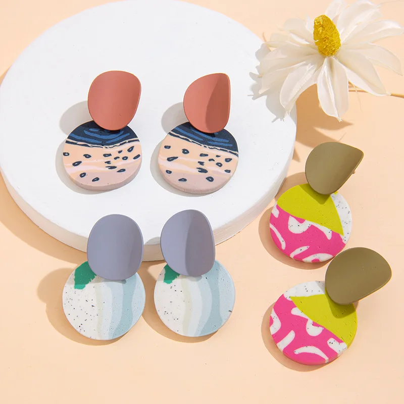 

2021 spring and summer new earrings female geometric round hit color fashion personality clay soft clay earrings wholesale, As picture
