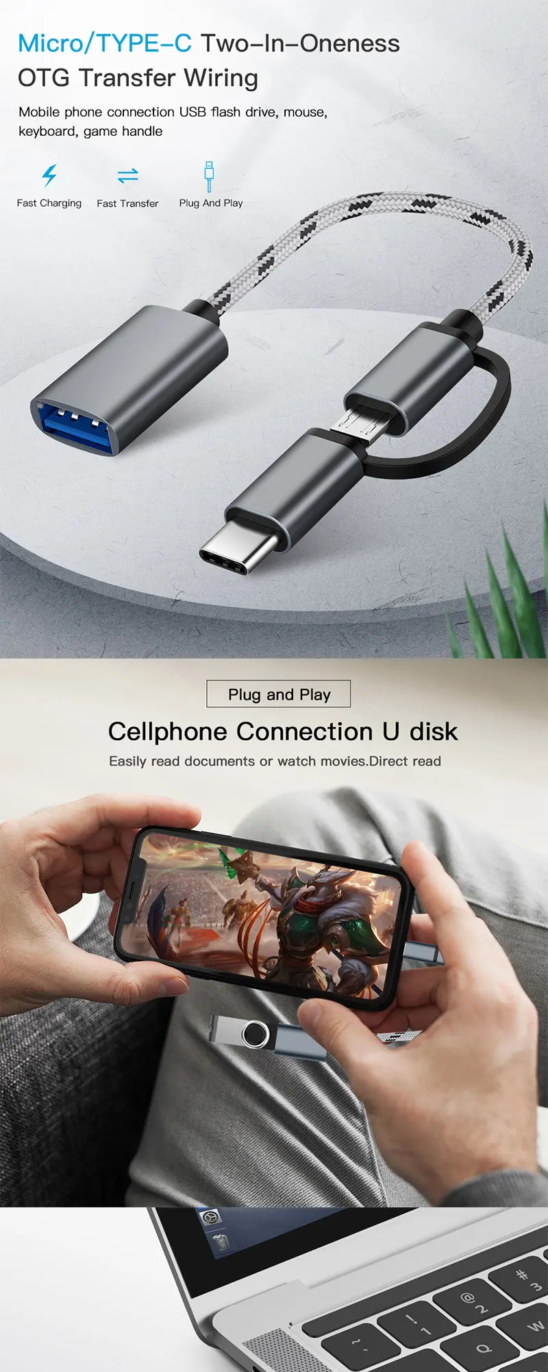 Eonline 2 in 1 USB3.0 OTG Adapter Cable Nylon Braid Micro/Type C Data Sync Adapter Cellphone Mouse Keyboard Connector for Huawei