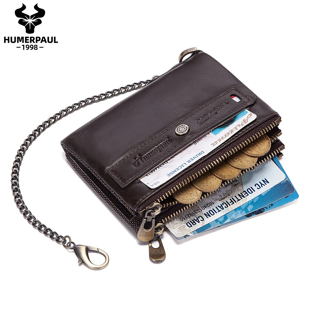 

HUMERPAUL slim cow leather man wallets with Zipper rfid female Card Holder mens purse billfold key chain wallet men leather