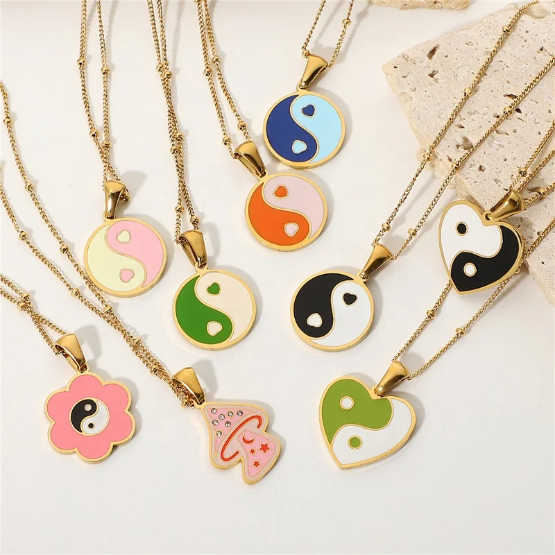 

New Y2K Jewelry Yin Yang Shape Enamel Stainless Steel Pendant Necklace Colorful Heart Flower Oil Drop Plated Gold Necklace