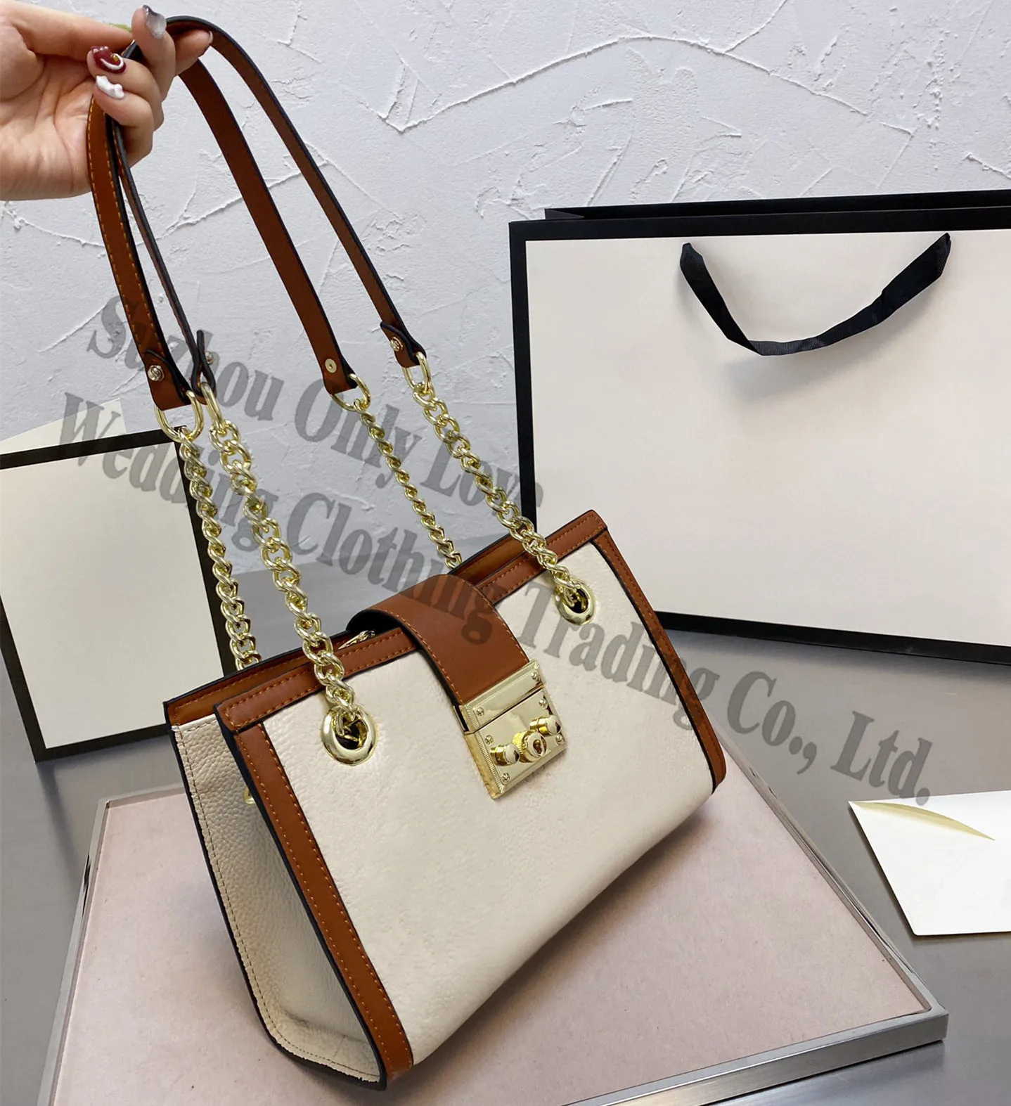 

Popular Handmade Chains Black leather bag contrast color square tote Cross body shoulder bags women one side bag
