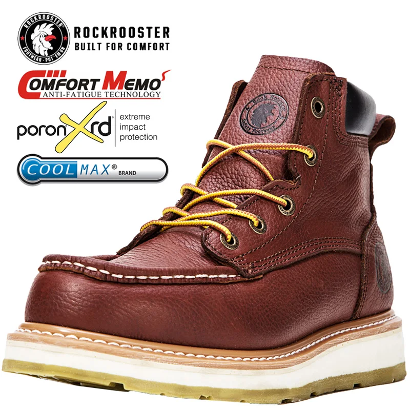 

Rts Rockrooster Fashion 6" Brown PORON XRD Leather Wedge Work Boots Safety Shoes For Men Safety