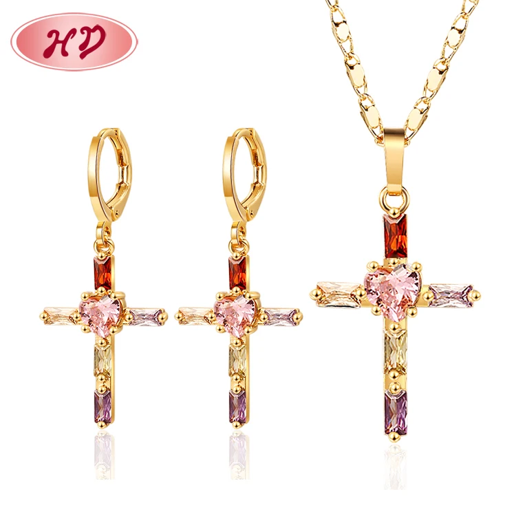 Wholesale Vintage Cross Religion Zircon Zircon 18K Gold Plated Women Jewelry Sets For Gift