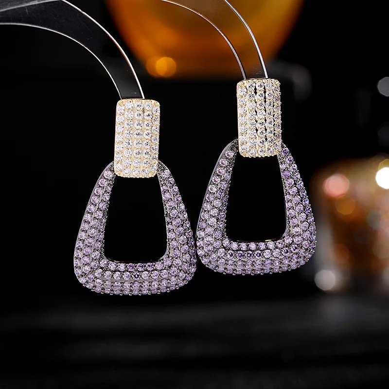 

Luxury full zircon square 925 silver needle copper geometric micro inlaid heavy craft earrings jewelry