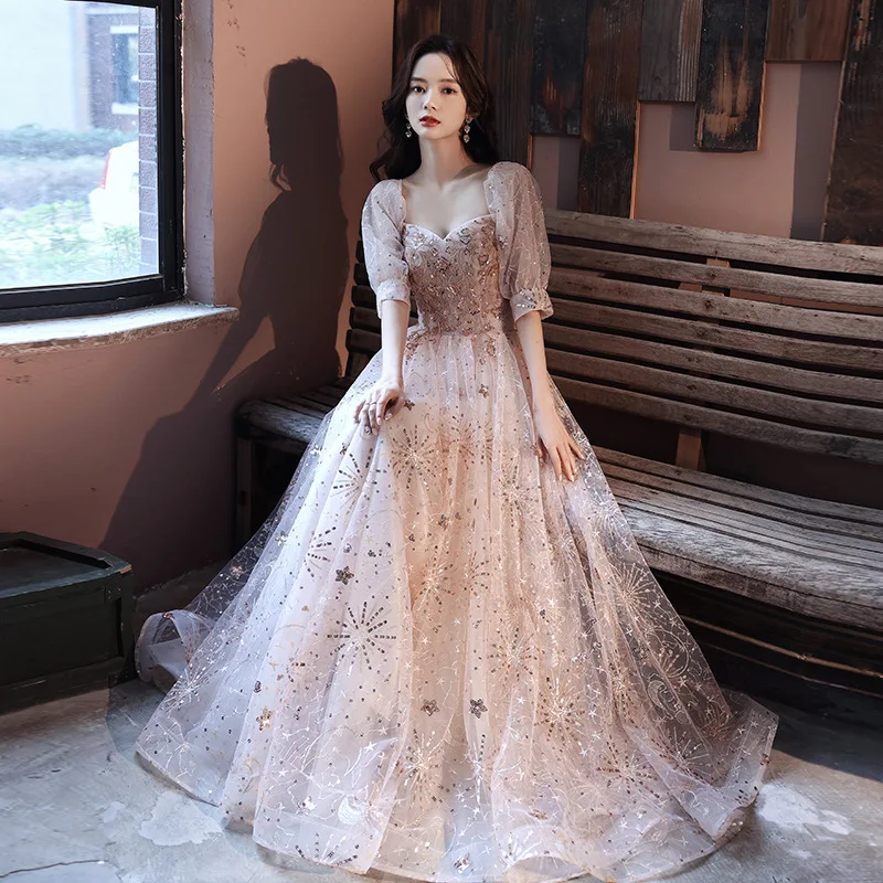 

Luxury sequin tulle Full polyester Ball Gown Flowers O-Neck V-neck Mesh Floor-Length A-Line Gray Prom Dresses