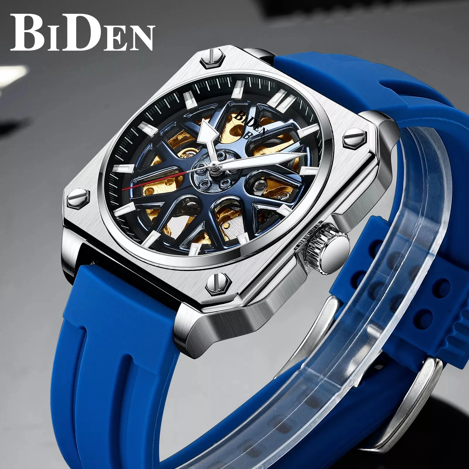 

BIDEN Square Men's Mechanical Watches Skeleton Waterproof Automatic Military Wristwatch Sport Male Wrist Watch Silica Gel Strap