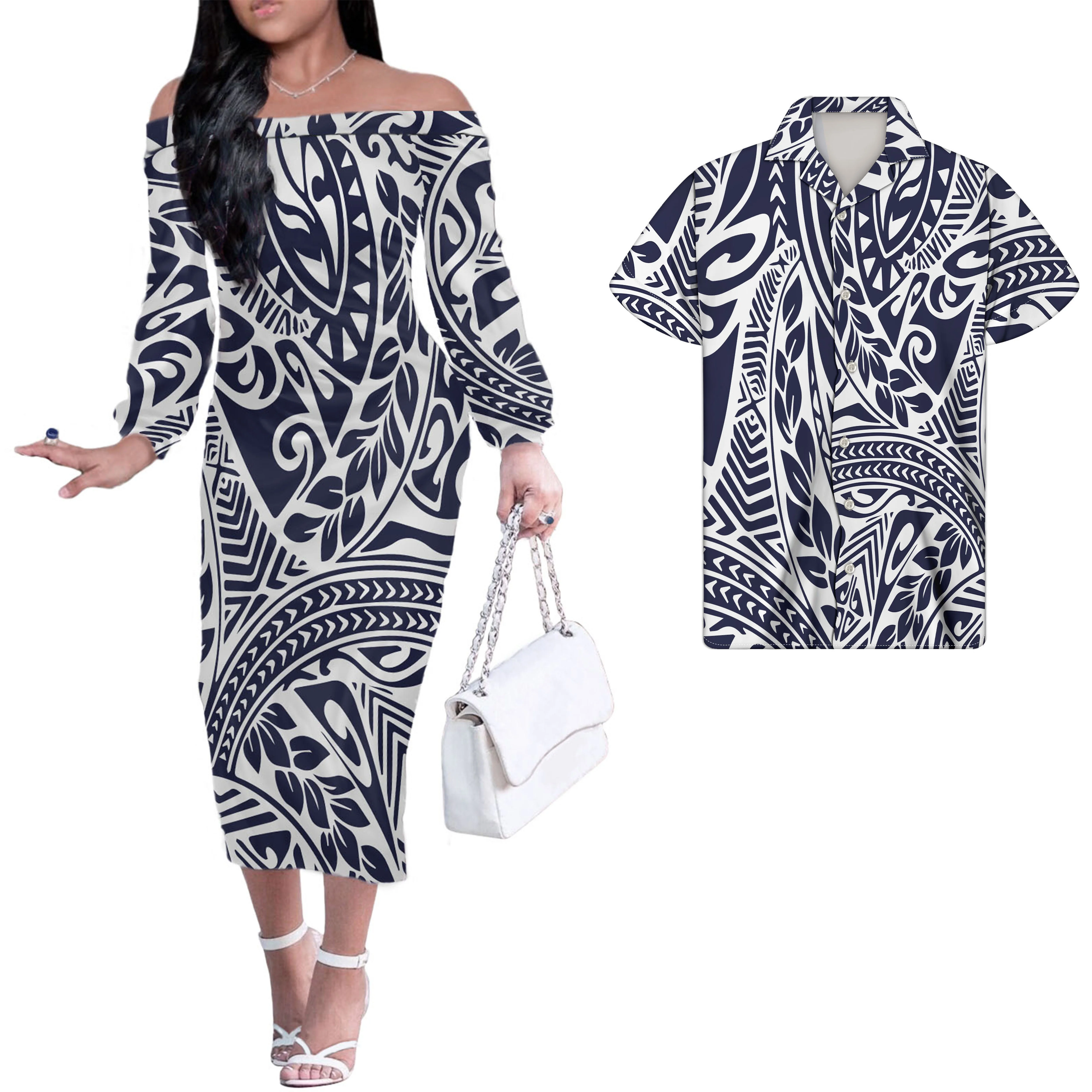 

2021New Arrivals ladies dress couple clothing custom women's polynesian tribal print off shoulder dress with men's shirt fashion, Customized color