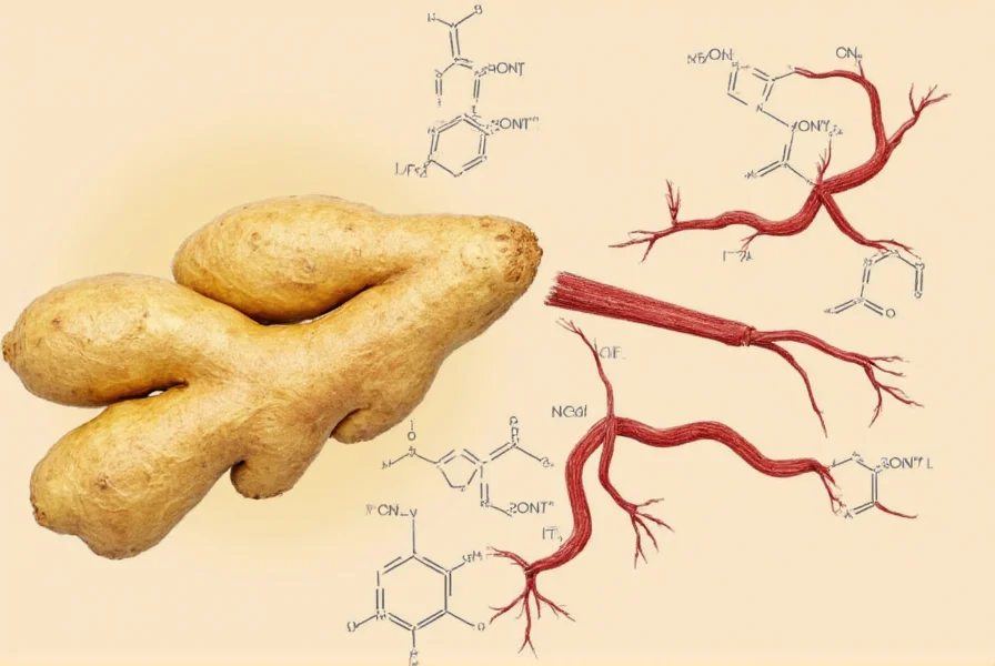 Scientific illustration showing ginger root with molecular structures of gingerols affecting blood vessels