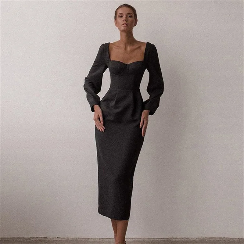 

High quality new fund square collar long sleeve fashion split sexy slim dresses for women