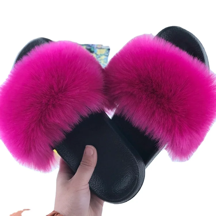 

Factory Direct Wholesale Colors faux Raccoon Fur Sandals Fox Fur Slippers Big Fluffy Real bandana fur slides