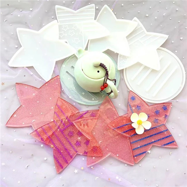 

J102 Free Sample Amazon Top Seller Shiny Resin Pentagram Flag Star Silicone Coaster Mold Set With Holder, Stock or customized