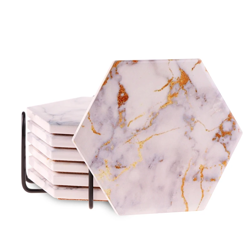 Hot-seller custom stone ceramic marble coasters hexagon coaster for kitchen drinkware cups